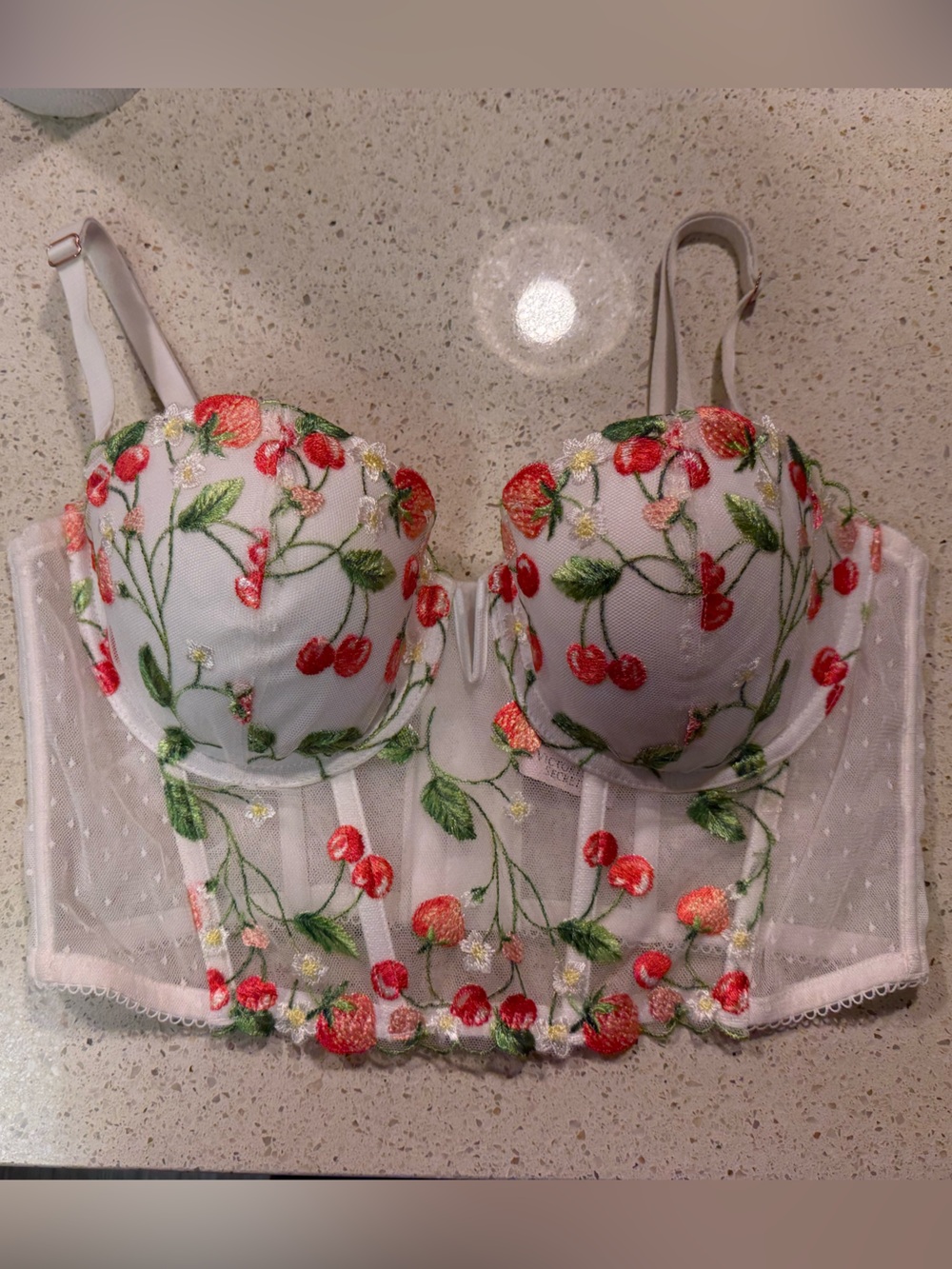 NWT Victoria's Secret White Longline Bra with Red Cherry Embroidery